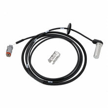 A black corrugated cable assembly with a gray and orange connector on one end, a silver cylindrical sensor on the other, and two small metal hardware pieces in the center, shown on a white background.