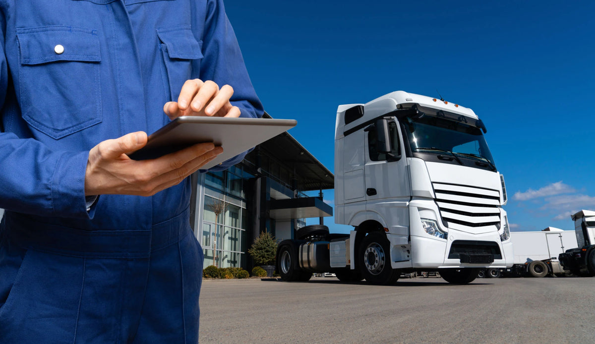 Person in blue uniform holding a tablet with a white truck in the background