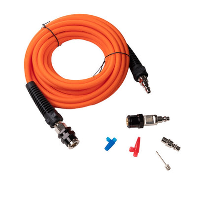 Orange air hose with black connectors and various nozzles on a white background