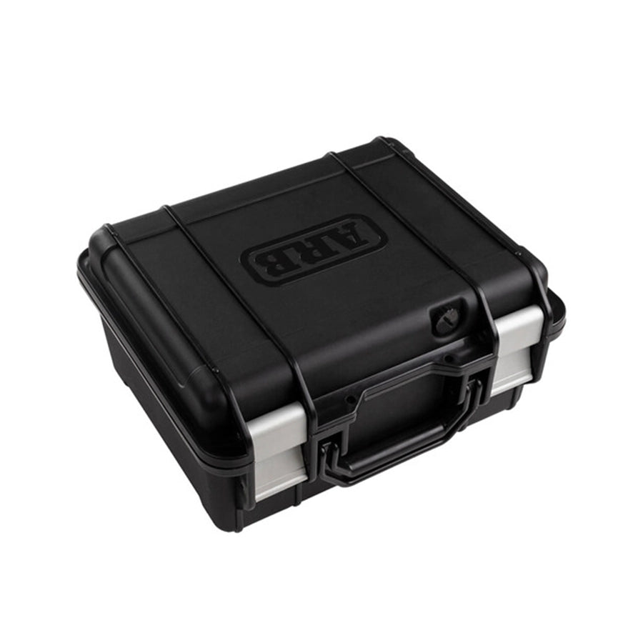 Black hard-shell case with a visible brand logo on a white background