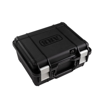 Black hard-shell case with a visible brand logo on a white background