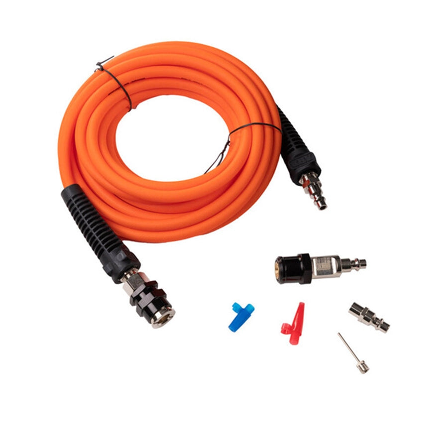 Orange air hose with black connectors and additional nozzles on a white background