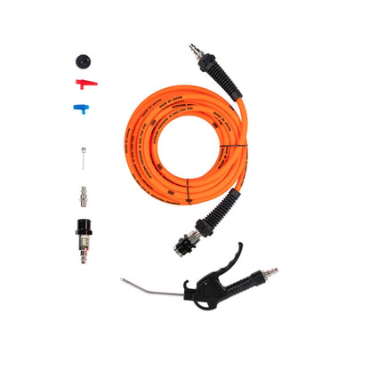 Pneumatic tool kit with orange hose, nozzles, and trigger on a white background