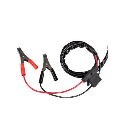 Battery jump starter cable with red and black clamps on a white background
