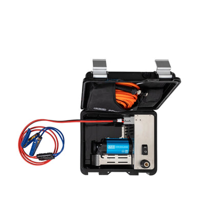 Black portable AirCompressorBrushlessSinglePortable12V  with cables on a white background