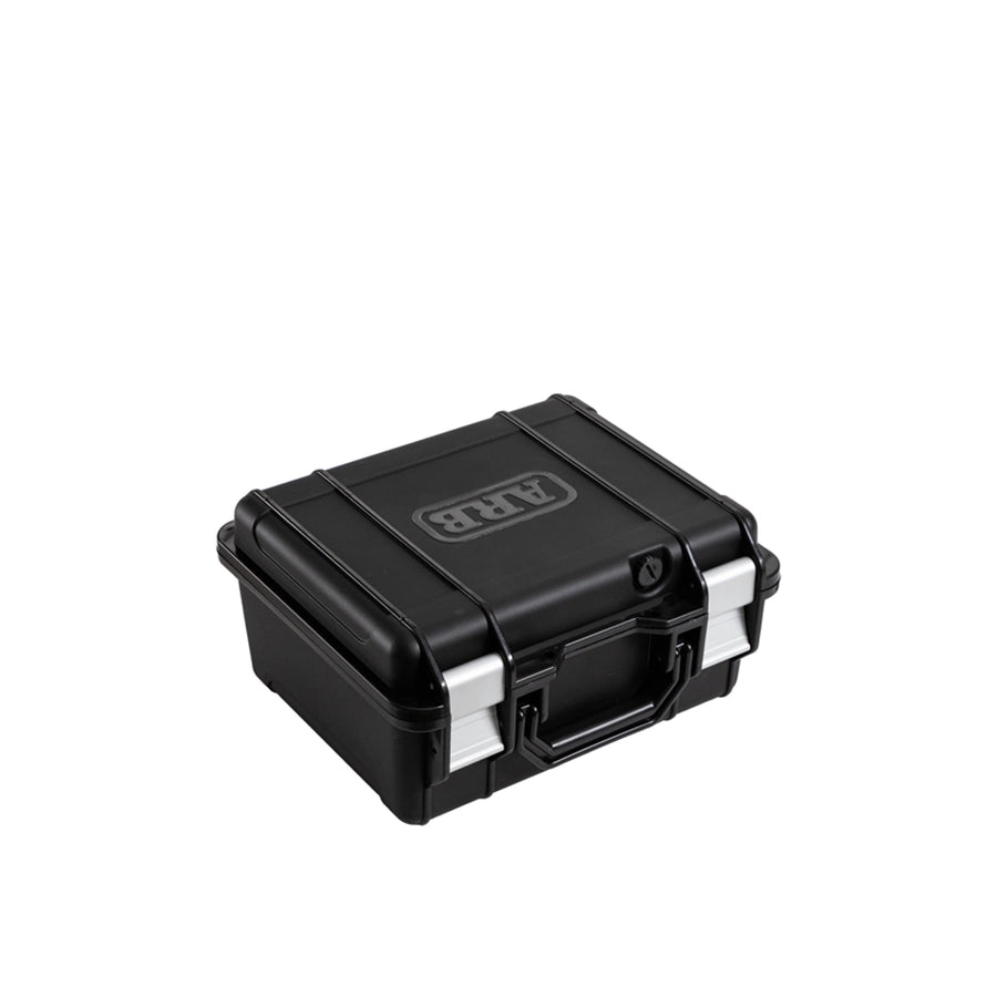 Black hard-shell case with silver accents on a white background