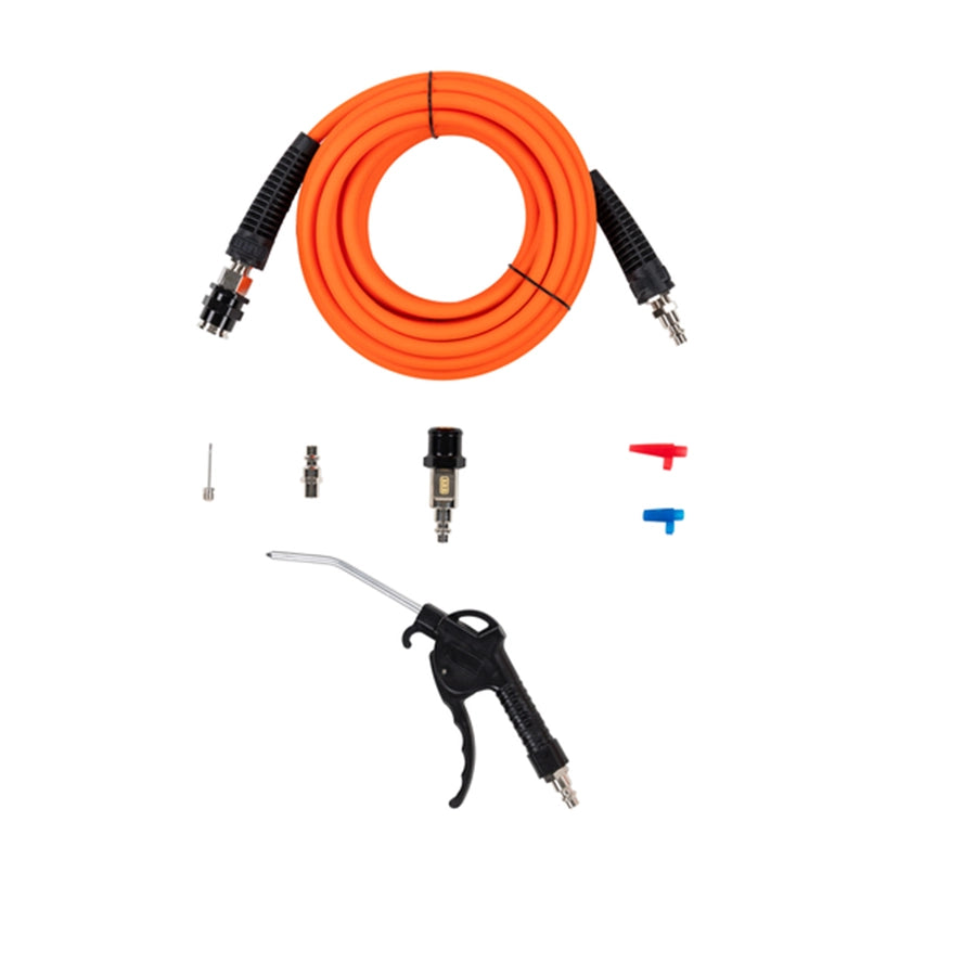 Pneumatic cleaning gun with orange hose and various nozzles oof AirCompressorBrushlessTwinPortable12V