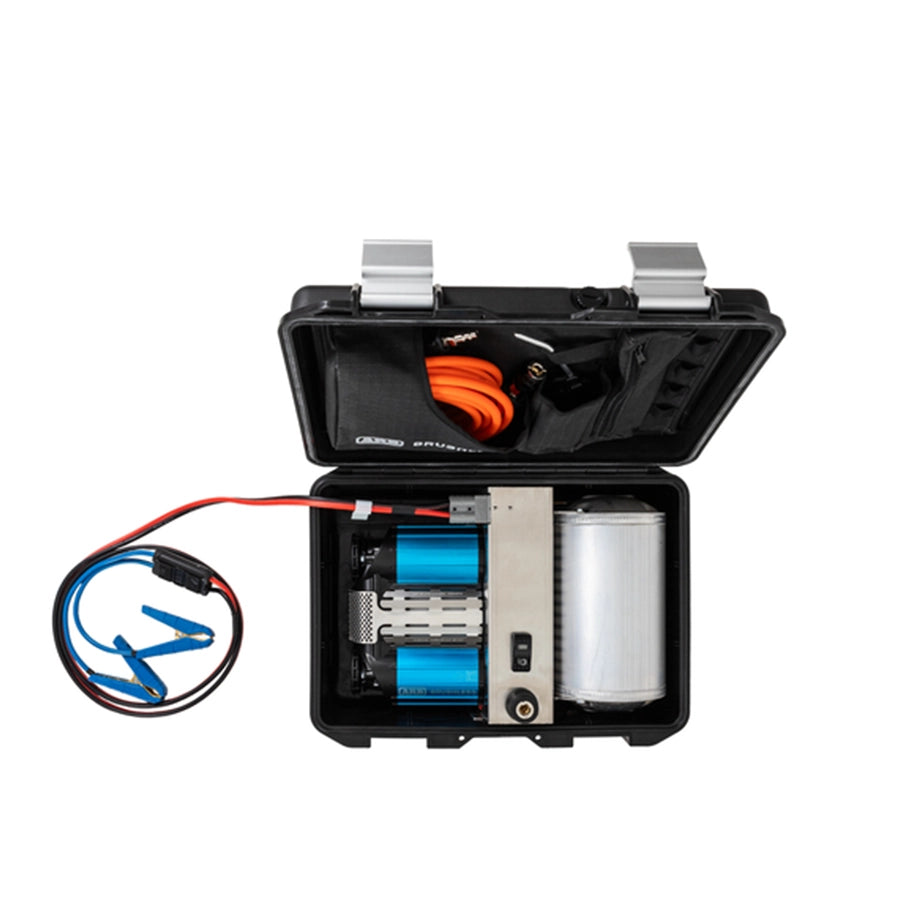 AirCompressorBrushless  with open lid revealing mechanical components on a white background