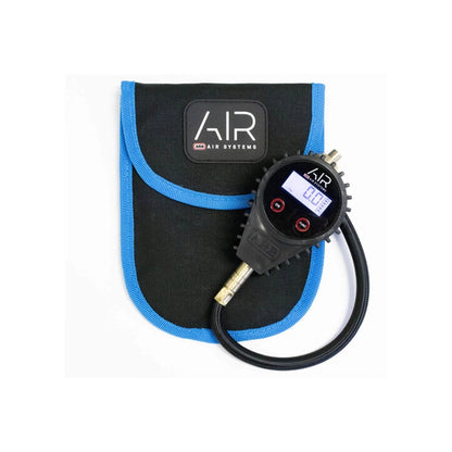 Digital air pressure gauge with blue border on a white background