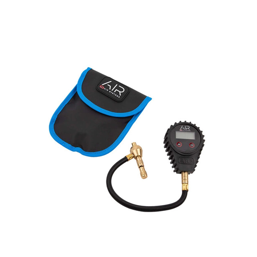 Digital air pressure gauge with hose and black pouch on a white background