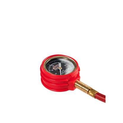 Red tire pressure gauge on a white background