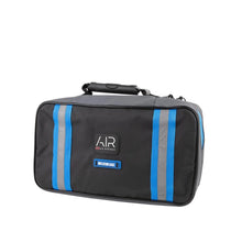 Black bag with blue stripes and visible branding on a white background