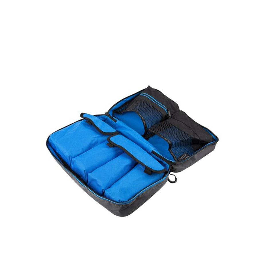 Black and blue travel bag on a white background