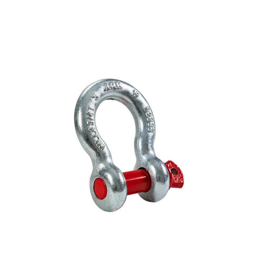 Metal shackle with a red safety pin on a white background