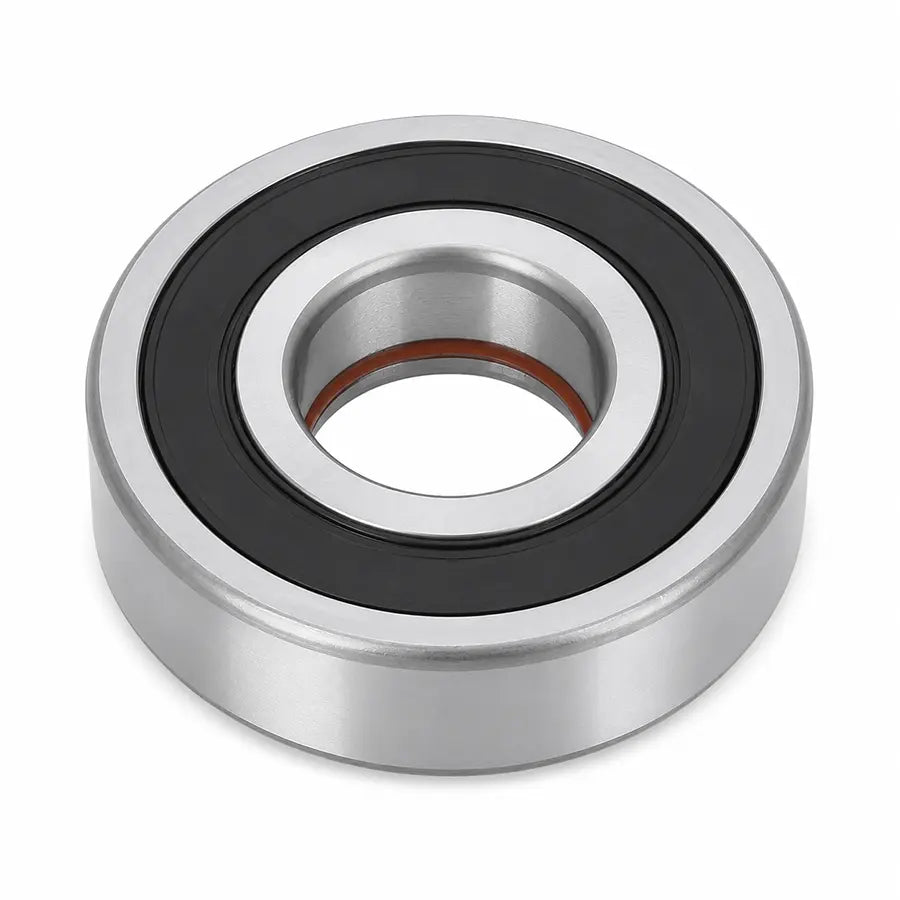 A single metal bearing with a black rubber inner ring and a small brown inner shield, shown on a clean white background.