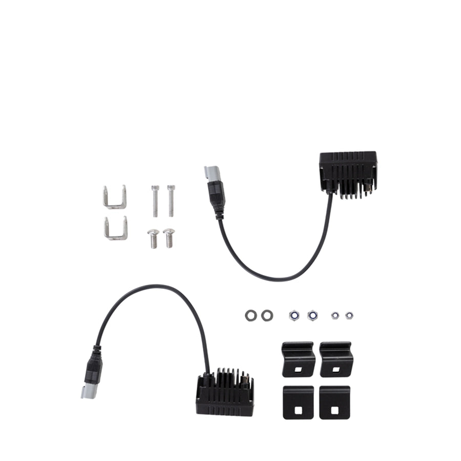 Set of black electronic components and connectors on a white background