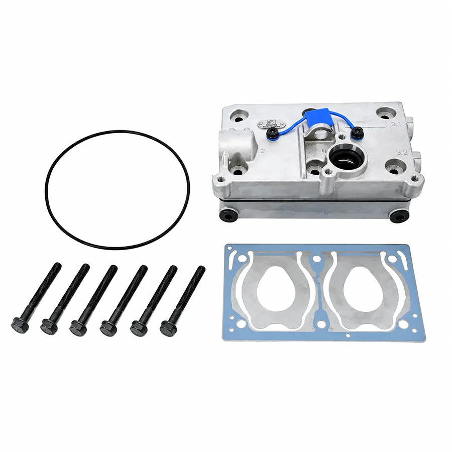 Engine intake manifold kit with a silver aluminum manifold, a blue plastic dip tube, a black gasket ring, five black mounting bolts, and a blue gasket sheet on a white background.