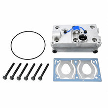 Engine intake manifold kit with a silver aluminum manifold, a blue plastic dip tube, a black gasket ring, five black mounting bolts, and a blue gasket sheet on a white background.