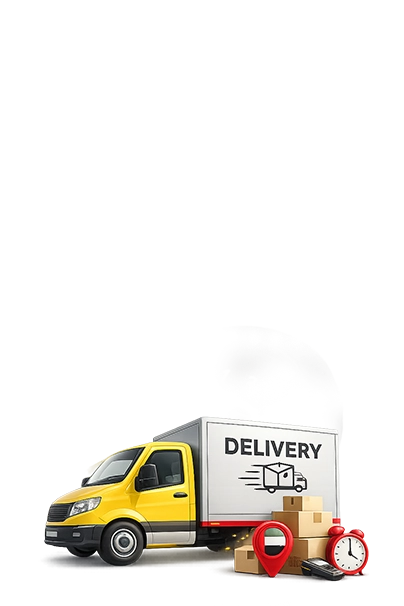 Yellow delivery truck with 'DELIVERY' sign and boxes on a white background