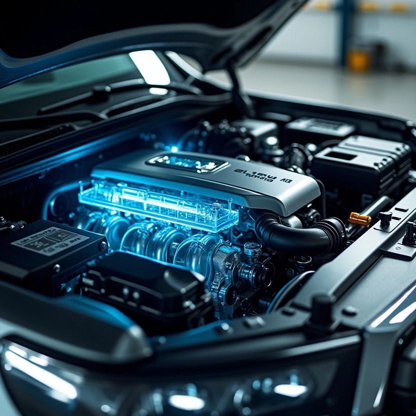 Car engine with glowing blue components in a workshop setting