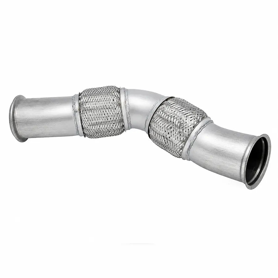 A stainless steel exhaust pipe elbow with two braided metal bellows couplings, shown on a plain white background.