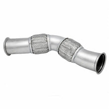 A stainless steel exhaust pipe elbow with two braided metal bellows couplings, shown on a plain white background.