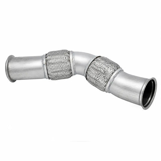 A stainless steel exhaust pipe elbow with two braided metal bellows couplings, shown on a plain white background.