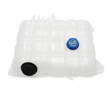 A translucent white plastic reservoir tank with a blue cap and a black bung, photographed on a solid white background.