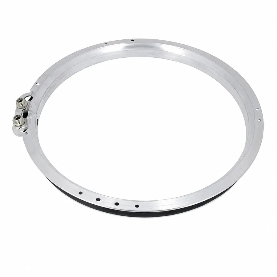 A silver metallic bicycle rim with a clamp-on bolt mechanism on the left side and a row of small mounting holes around the outer edge, shown on a plain white background.