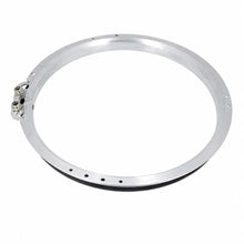 A silver metallic bicycle rim with a clamp-on bolt mechanism on the left side and a row of small mounting holes around the outer edge, shown on a plain white background.