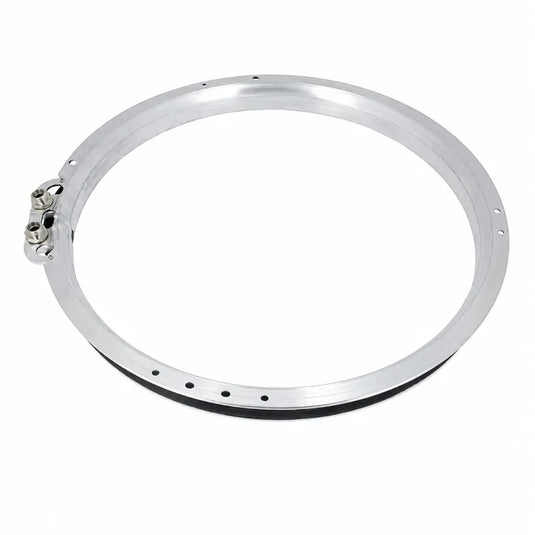 A silver metallic bicycle rim with a clamp-on bolt mechanism on the left side and a row of small mounting holes around the outer edge, shown on a plain white background.