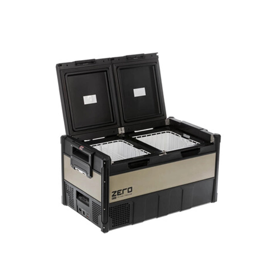 Black and beige cooler box with 'ZERO' branding on a white background