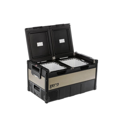 Black and beige cooler box with 'ZERO' branding on a white background