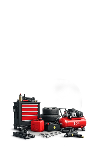 Collection of automotive tools and equipment including a toolbox, air compressor, and tires on a white background.