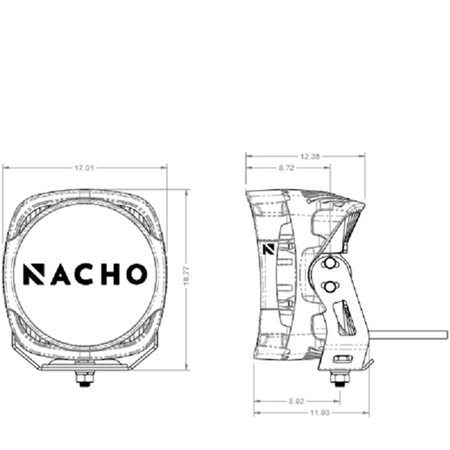 Technical drawing of a product with 'Nacho' branding on a white background