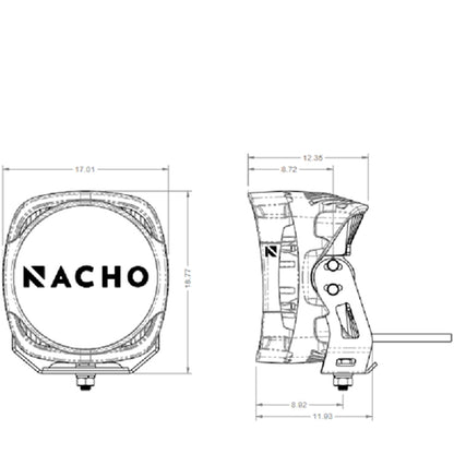 Technical drawing of a product with 'Nacho' branding on a white background