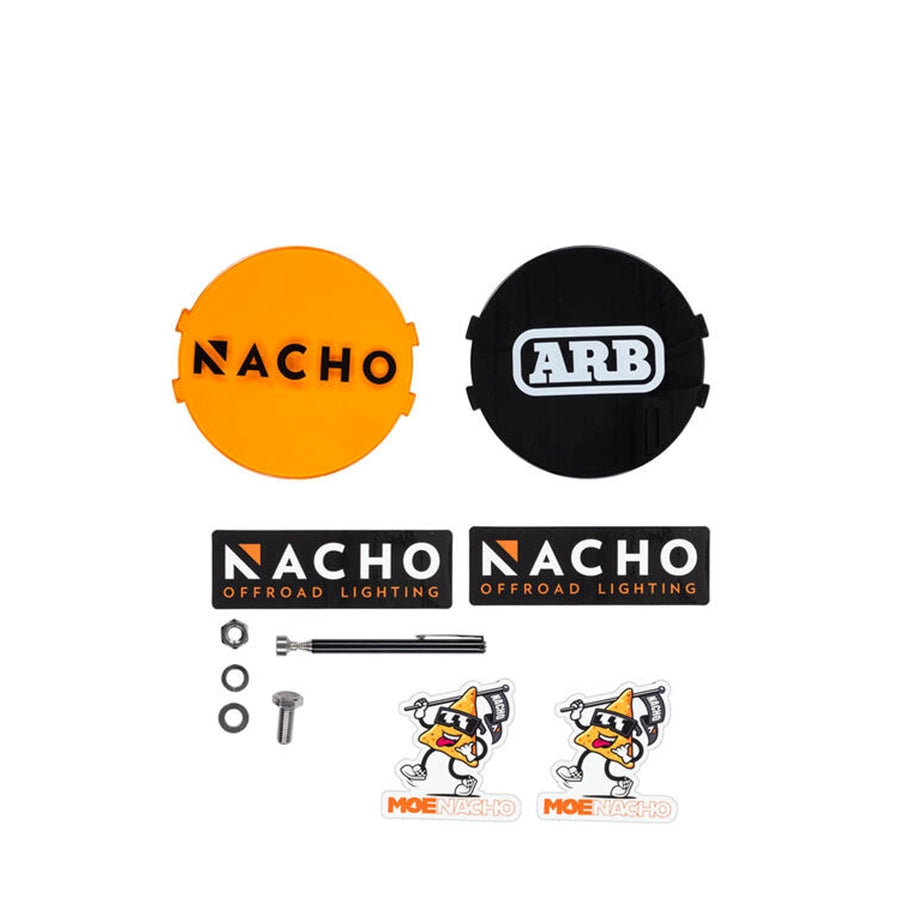 Collection of Nacho Offroad Lighting and ARB branded items on a white background