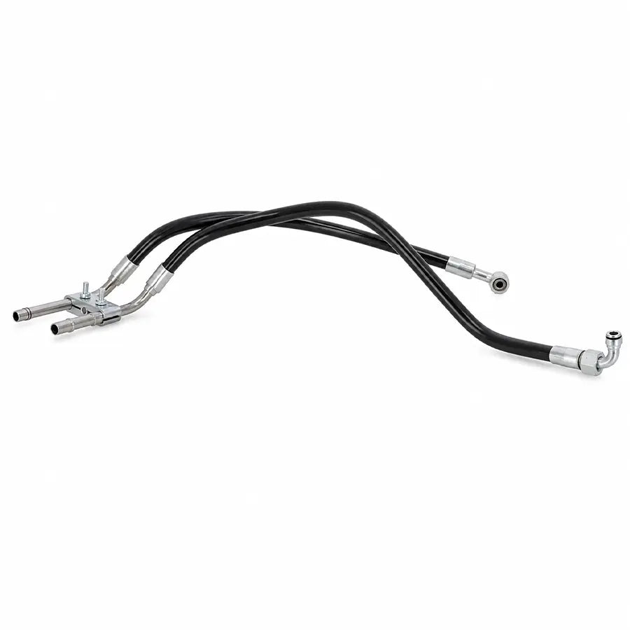 A pair of black automotive hoses with chrome metal fittings and a Y-bend connector, shown on a plain white background.