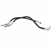 A pair of black automotive hoses with chrome metal fittings and a Y-bend connector, shown on a plain white background.
