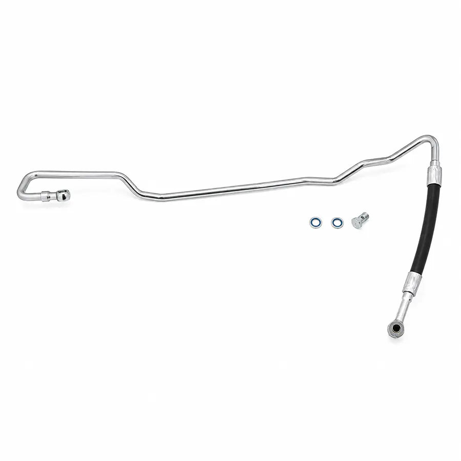 A chrome metal suspension sway bar link with a black rubber hose, shown with mounting hardware on a solid white background.