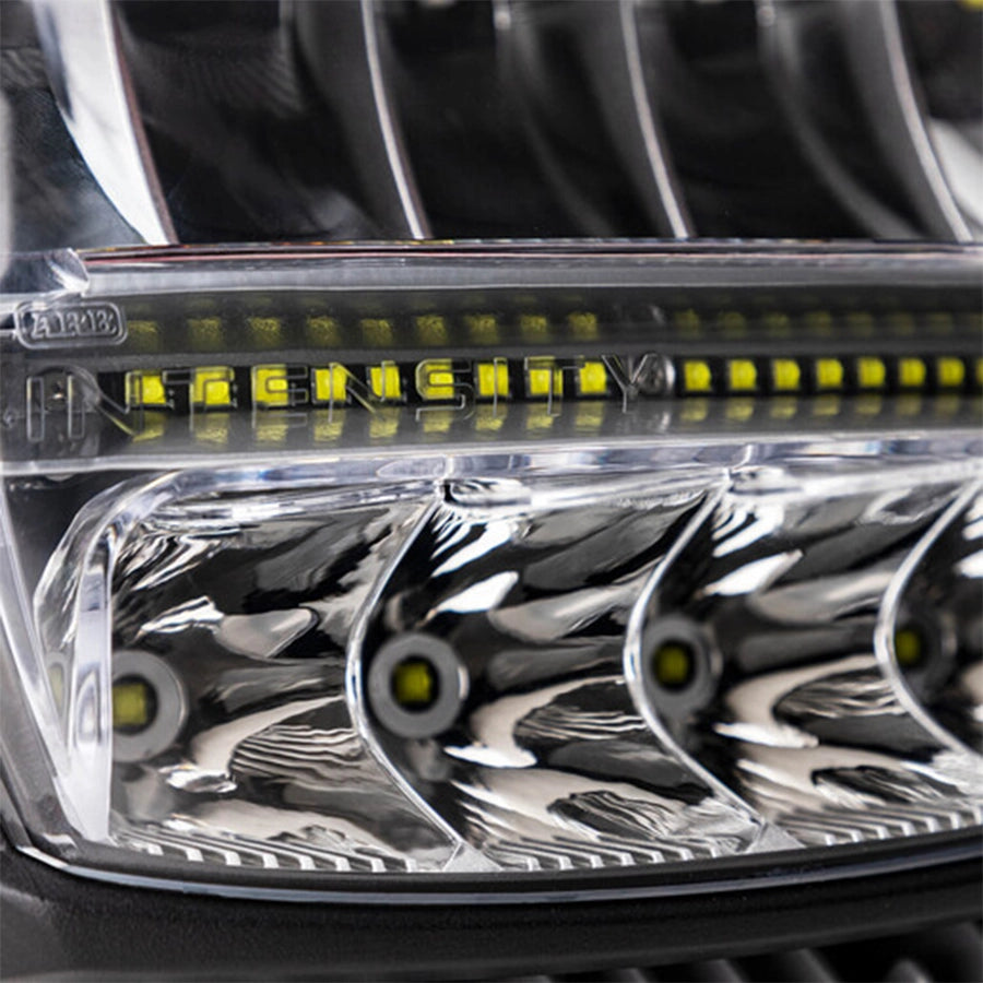 Close-up of a car headlight with LED elements