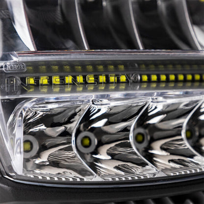 Close-up of a car headlight with LED elements