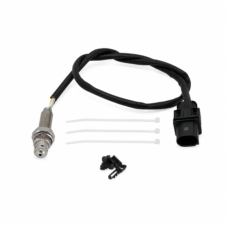 An automotive sensor assembly with a black wire harness, a metal sensor tip, a black connector, three white zip ties, and a small black plastic clip on a white background.