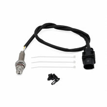 An automotive sensor assembly with a black wire harness, a metal sensor tip, a black connector, three white zip ties, and a small black plastic clip on a white background.