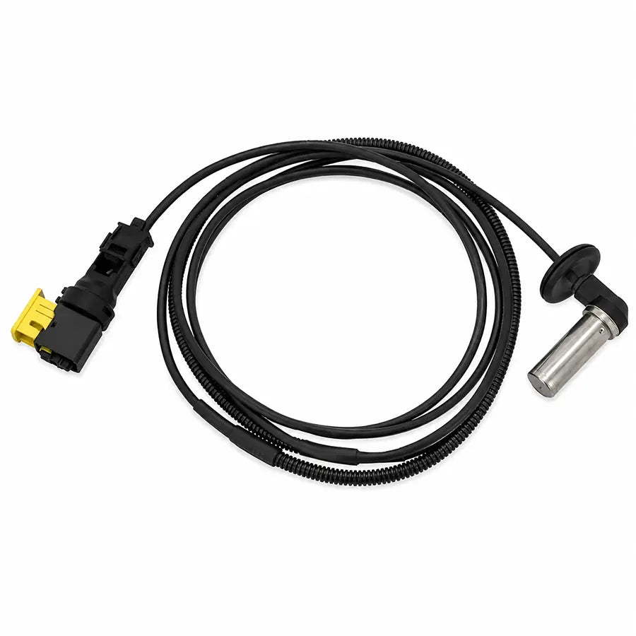 A black electrical cable assembly with a yellow connector on one end and a silver metal probe on the other, photographed on a plain white background.