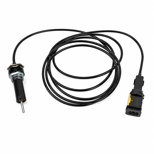 A black electrical cable with a multi-pin connector on one end and a smaller cylindrical sensor tip on the other, photographed on a plain white background.