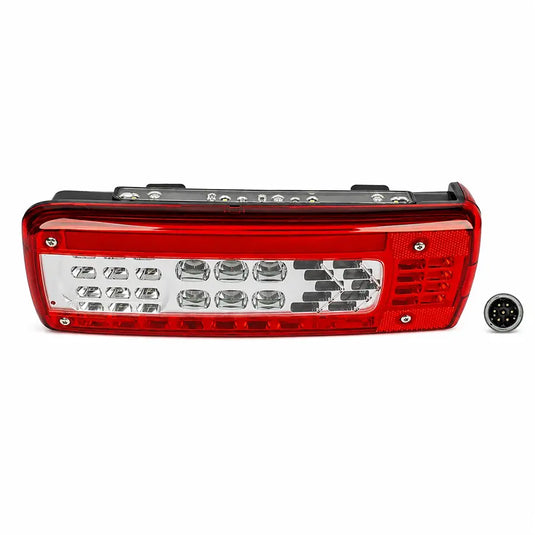 A red LED tail light assembly with a silver chrome reflector and a small circular connector plug shown to the right, on a plain white background.