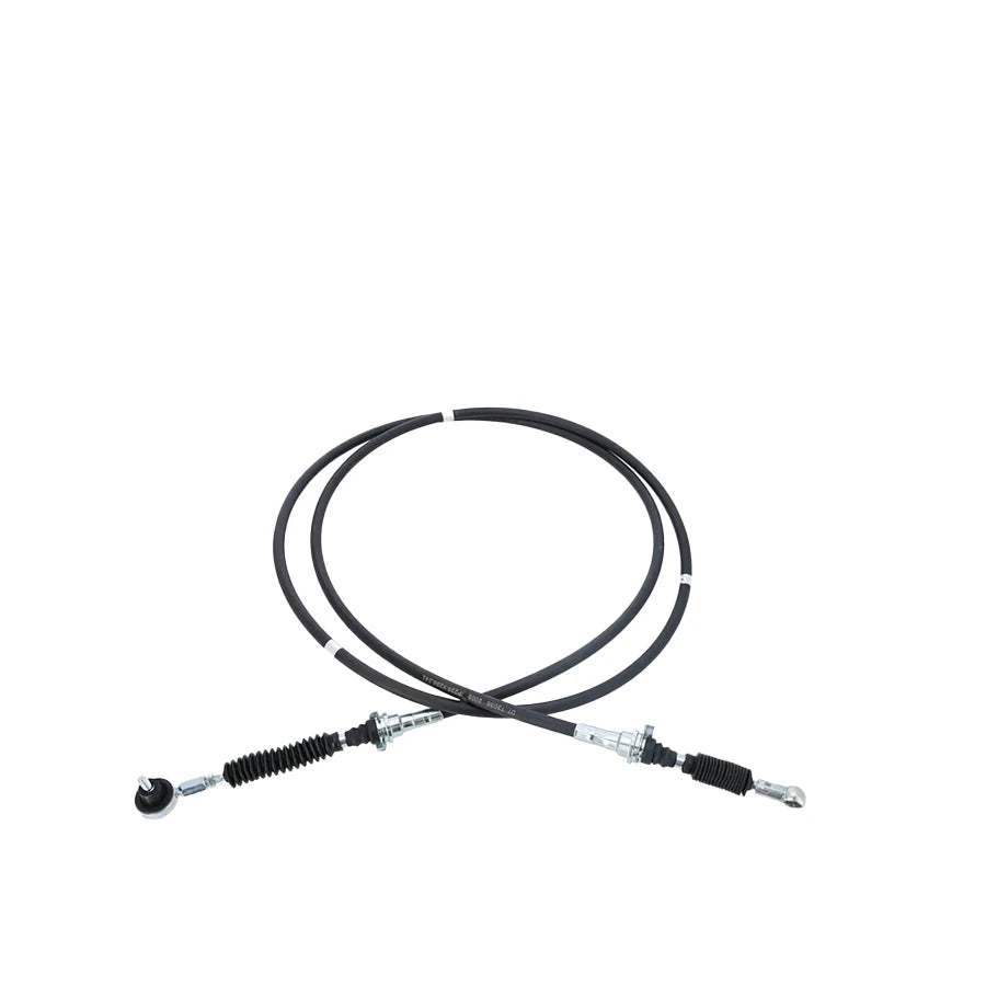 Black brake cable with metal connectors on a white background