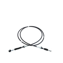 Black brake cable with metal connectors on a white background