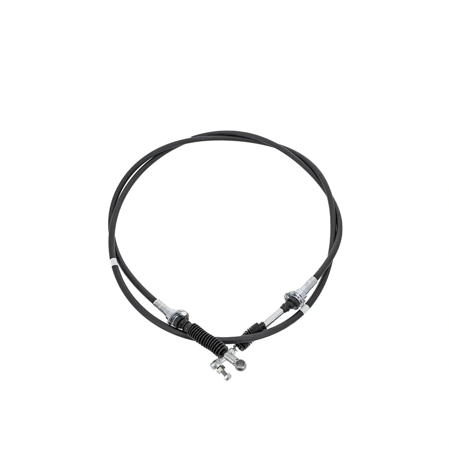 Black brake cable with silver connectors on a white background